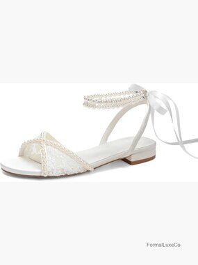 Bridal Lace Flat Sandals with Pearls Ankle Strap Wedding Shoes